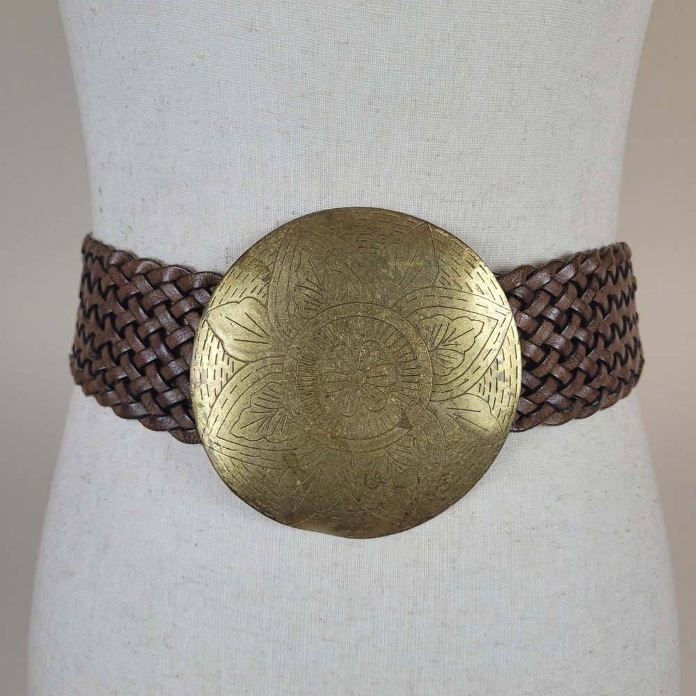Brown Leather Belt Med Medallion Buckle Floral Etched Boho Boho Artisan Hippie